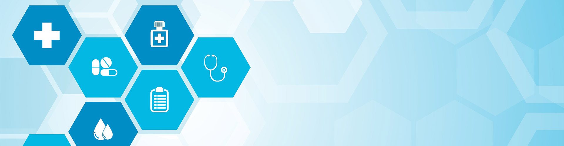 A number of items within individual hexagons, including the medical cross, a bottle of medicine, a stethoscope, and a clipboard.